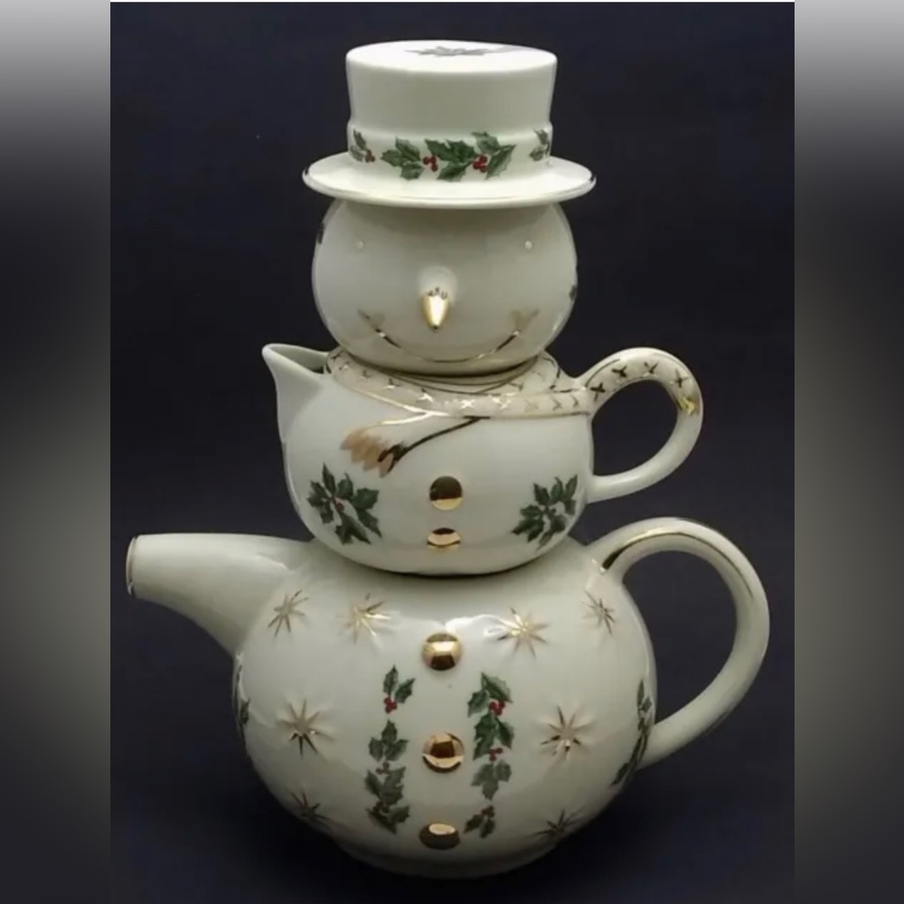 Living Quarters Snowman Christmas Holly Stacking Tea Pot Sugar Bowl & Creamer